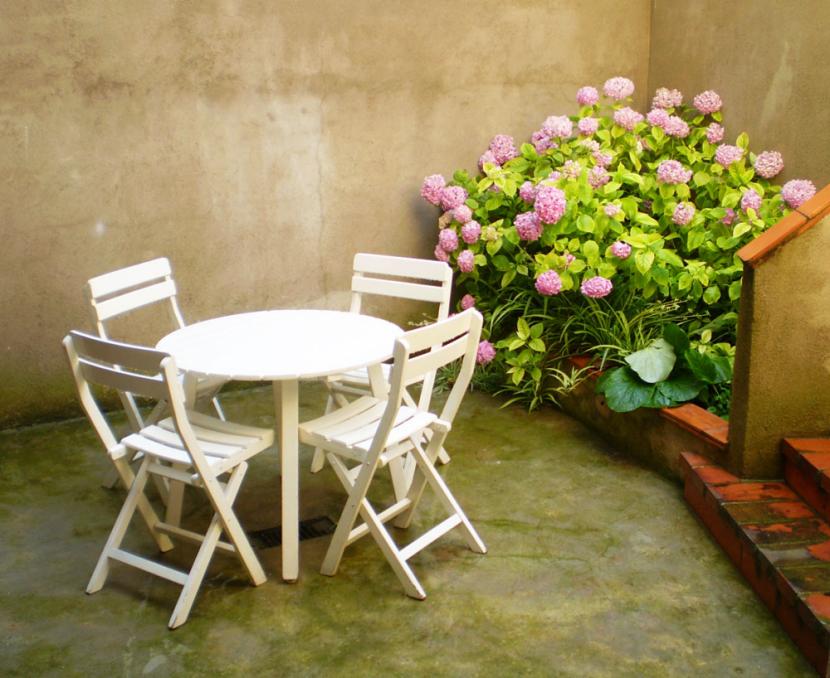Patio con hortensias