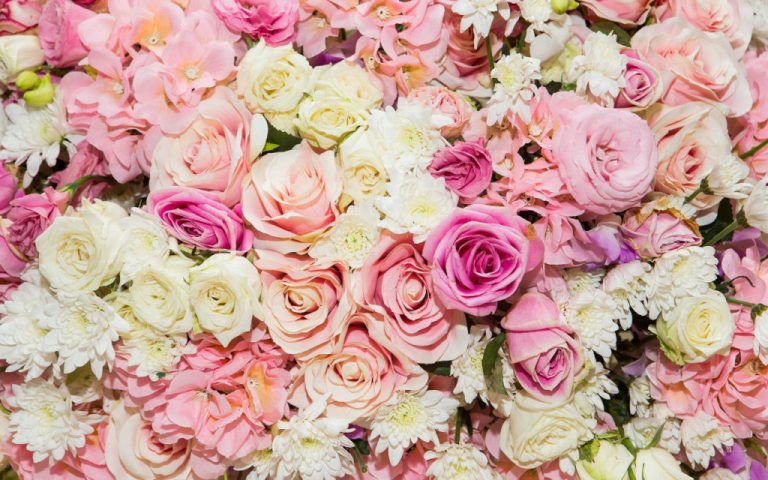 Masa densa de rosas y crisantemos de tonos rosa y blanco