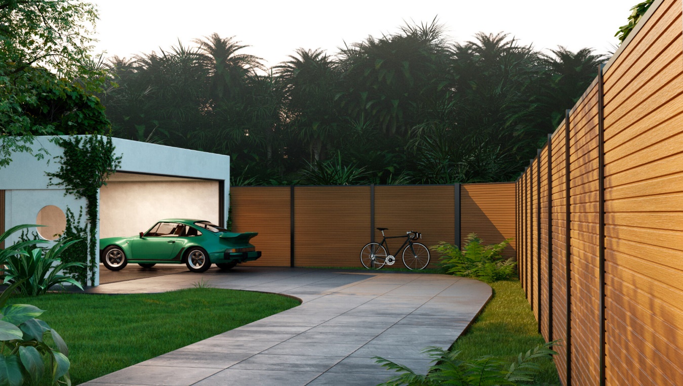 Cerramiento moderno de composite con postes verticales y lamas horizontales