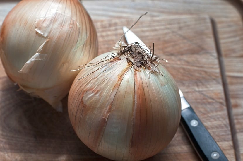 dos cebollas Vidalia encima de una tabla de madera