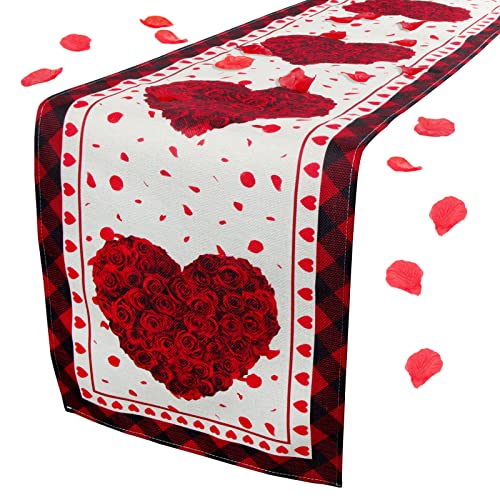 BOFUNX Camino de Mesa Mantel Rectangular de Lino con Corazón de Amor y 1000pcs de Pétalos de Rosa para Decoración de Mesa de Comedor de Día San Valentín 33x180cm