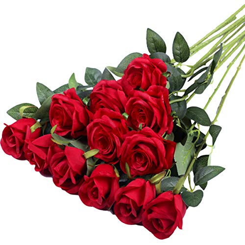 Hawesome Ramo de Flores Artificiales Rosa Tallo Largo Abierta de Seda decoración de hogar de Bodas 12 Unidades Rojo Rosa Blanco