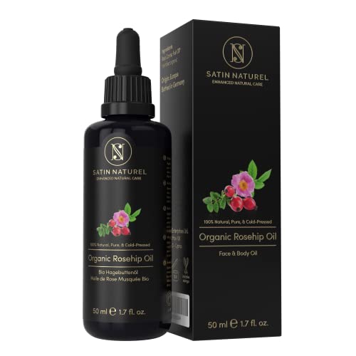 Aceite de Rosa Mosqueta Puro ORGÁNICO Vegano Prensado en Frío 50ml - Serum Facial de Rosa Silvestre con Vitamina E,C,A+Omega 3 – Usar como Crema Hidratante Facial Mujer - Piel Suave, Pelo+Uñas Sanas