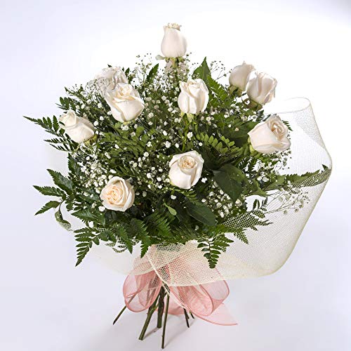 REGALAUNAFLOR-Ramo de 12 rosas blancas naturales-FLORES FRESCAS-ENTREGA EN 24 HORAS DE LUNES A SABADO.-FLORES NATURALES