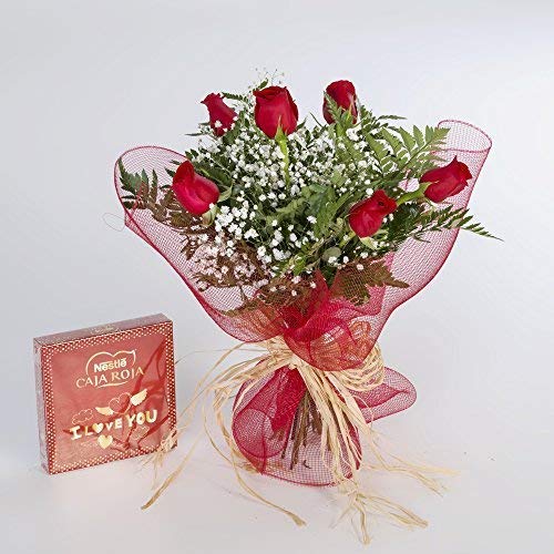 REGALAUNAFLOR-Ramo de 6 rosas rojas naturales y bombones FLORES FRESCAS-ENTREGA EN 24 HORAS DE LUNES A SABADO-San Valentin.