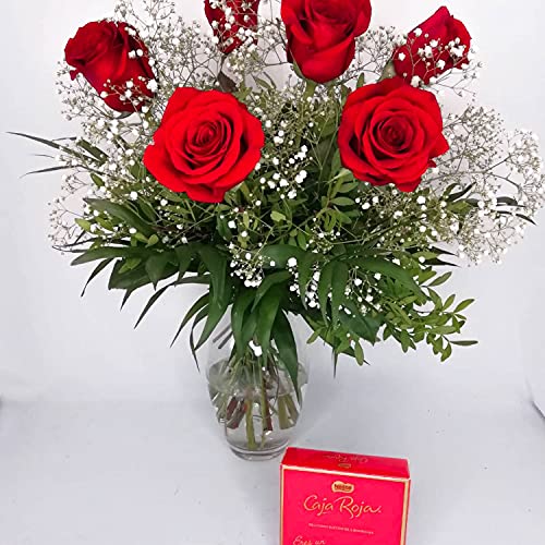 EL JARDÍ D´ESTHER-Ramo de 6 rosas rojas naturales y caja de bombones-Amor Dulce-FLORES NATURALES A DOMICILIO-FLORES FRESCAS-ENTREGA EN 24 HORAS DE LUNES A SABADO